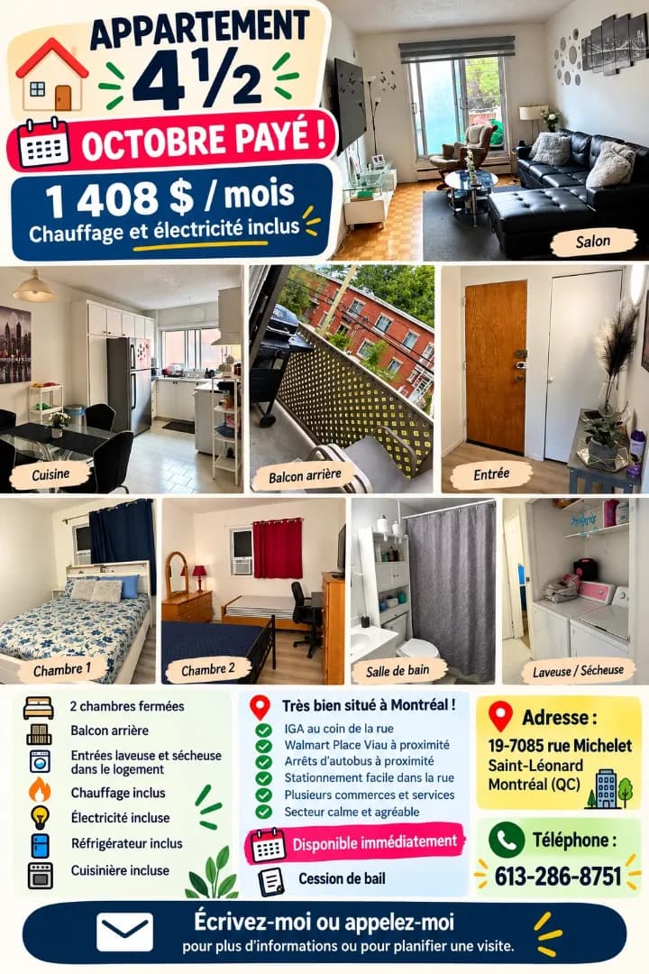 4½ à louer Saint-Léonard, Montréal — photo 1 (Appartement 4½ à Montréal)